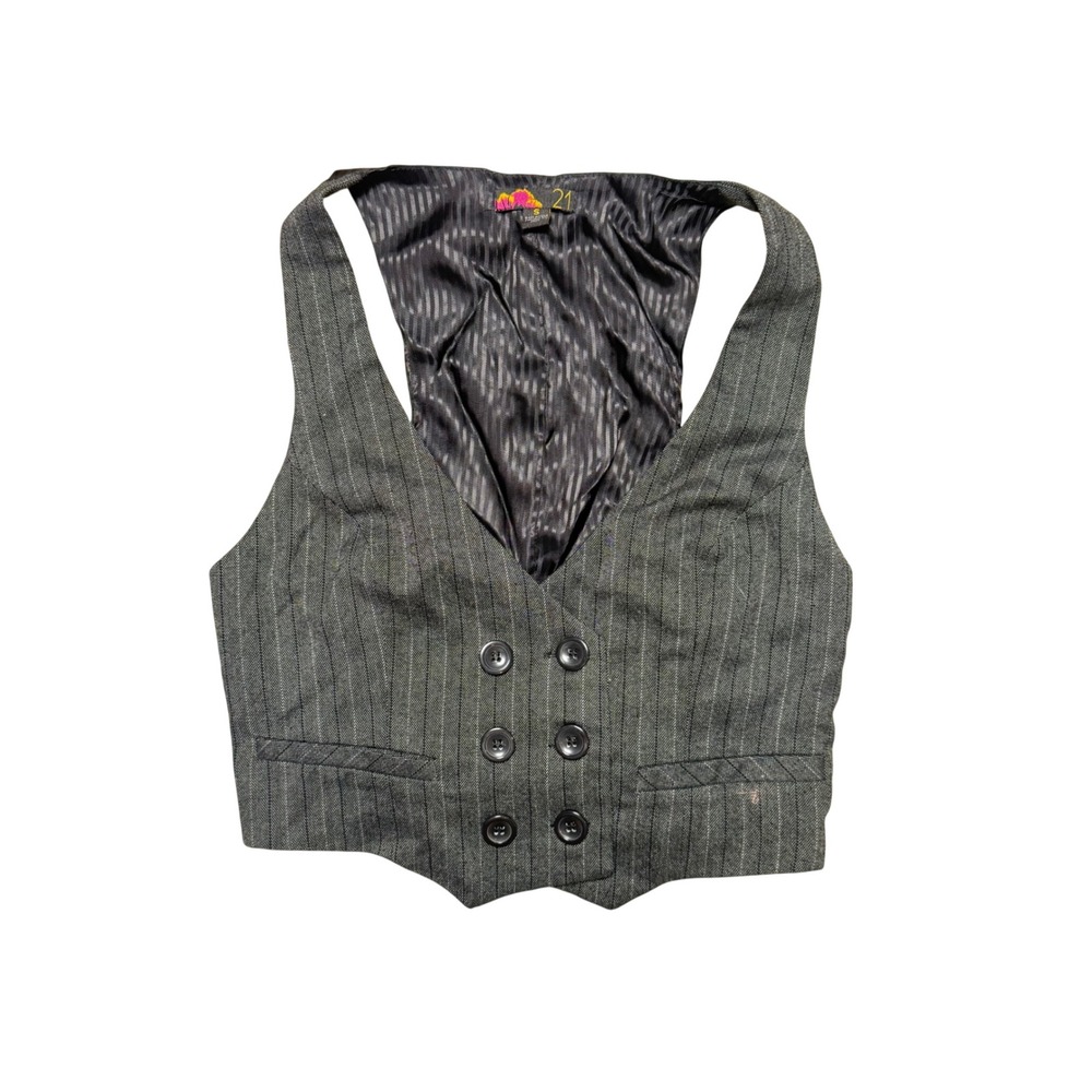 Forever 21 Pinstripe Halter Vest Grey Double Breasted Cinch Back